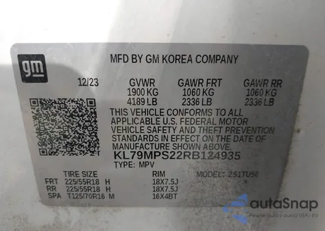 2024 Chevrolet Trailblazer Fwd Lt из США, поврежденный, VIN KL79MPS22RB124935